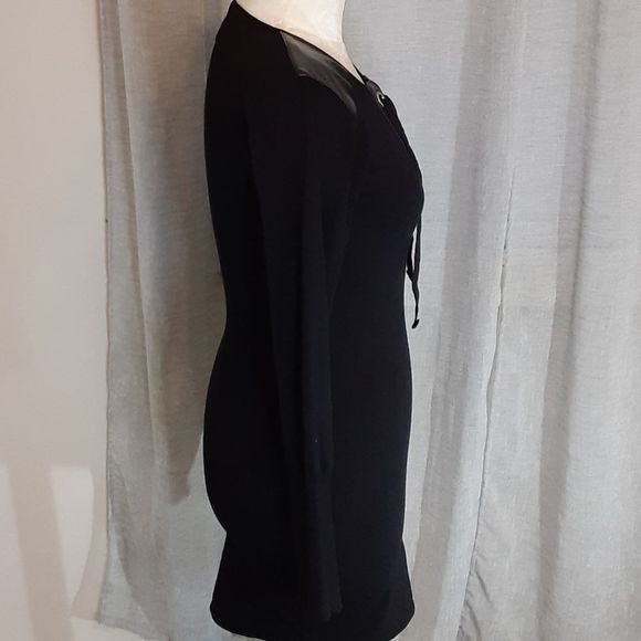 Say What? Black Long Sleeve Sweater Dress with Faux Leather Shoulder Pat… - Picture 6 of 11